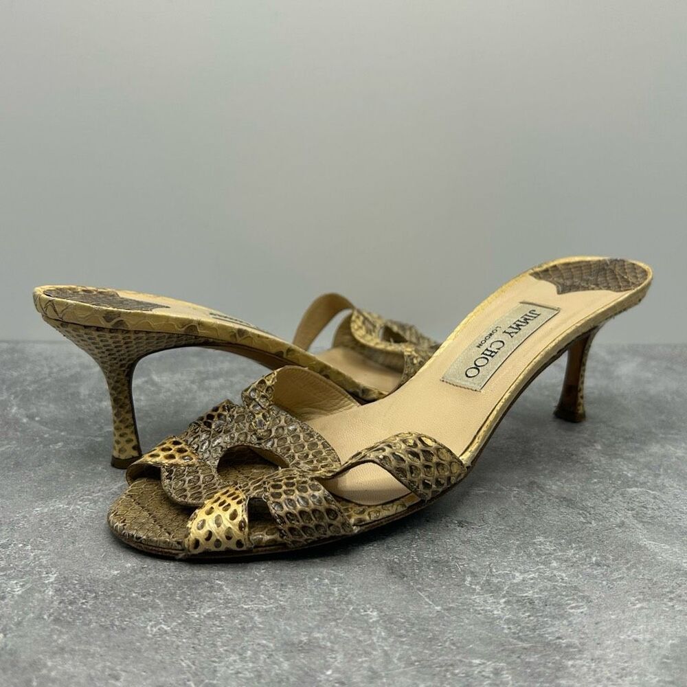 Jimmy Choo Vintage Snakeskin Kitten Heels Pump Size 37.5 Yellow Tan Leather